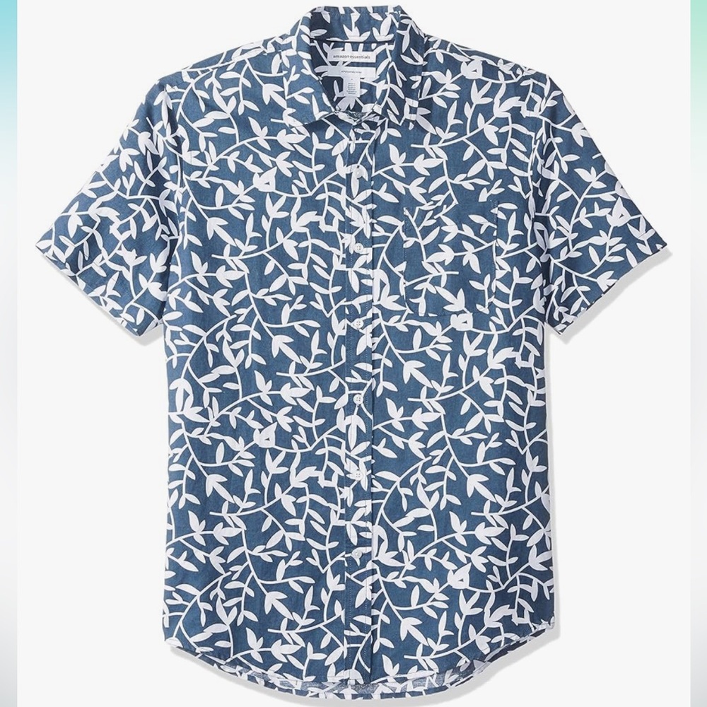 Blue/White Slim-Fit Short-Sleeve Linen Cotton Shirt